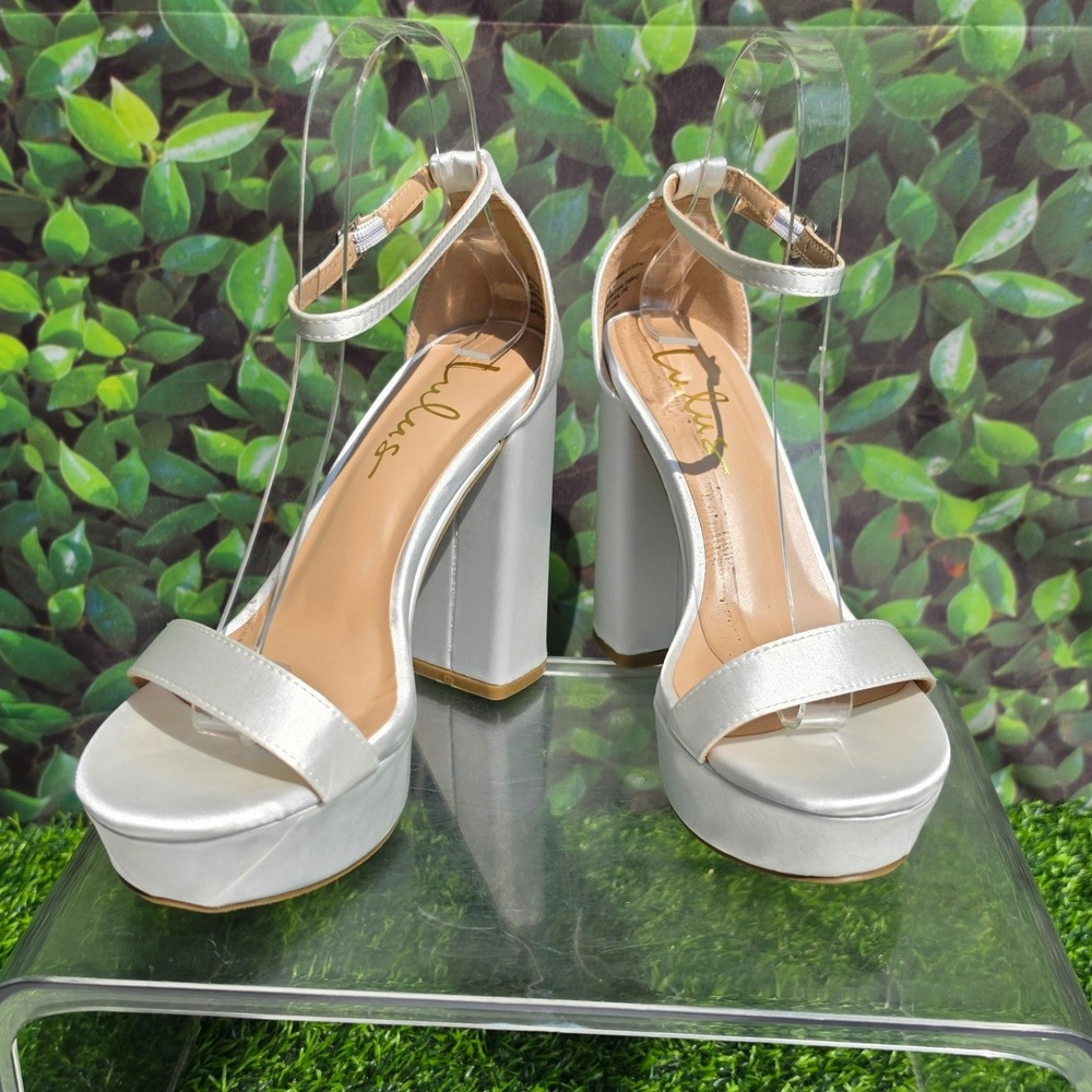 Lulus Kinsella White Satin Platform Block Heel Sandals Ankle Strap Womens 6.5